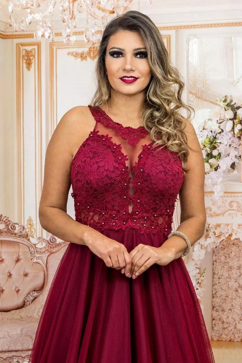 Vestido Longo Rodado Feminino Debutante Madrinha Longo Renda Tule - Cecilia