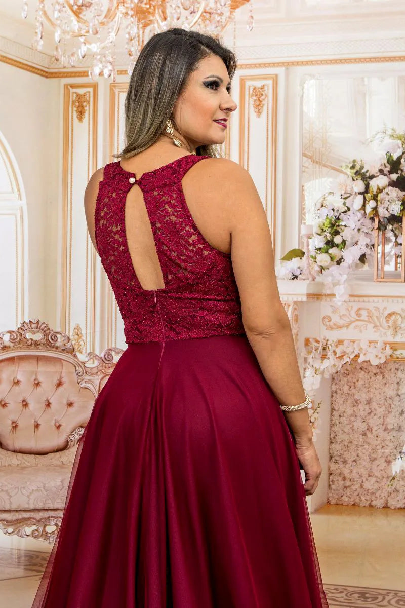 Vestido Longo Rodado Feminino Debutante Madrinha Longo Renda Tule - Cecilia