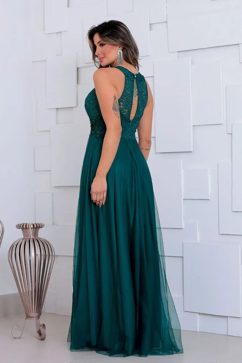 Vestido Longo Rodado Feminino Debutante Madrinha Longo Renda Tule - Cecilia