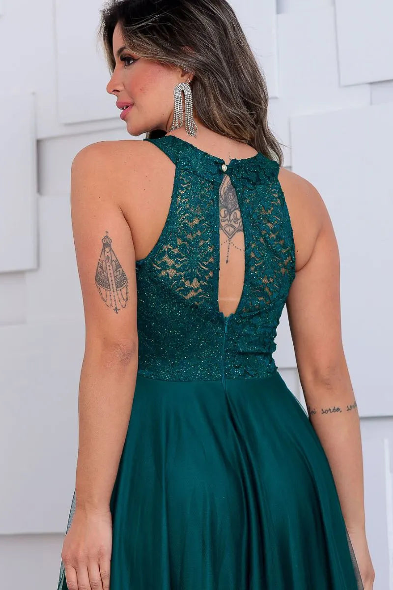 Vestido Longo Rodado Feminino Debutante Madrinha Longo Renda Tule - Cecilia