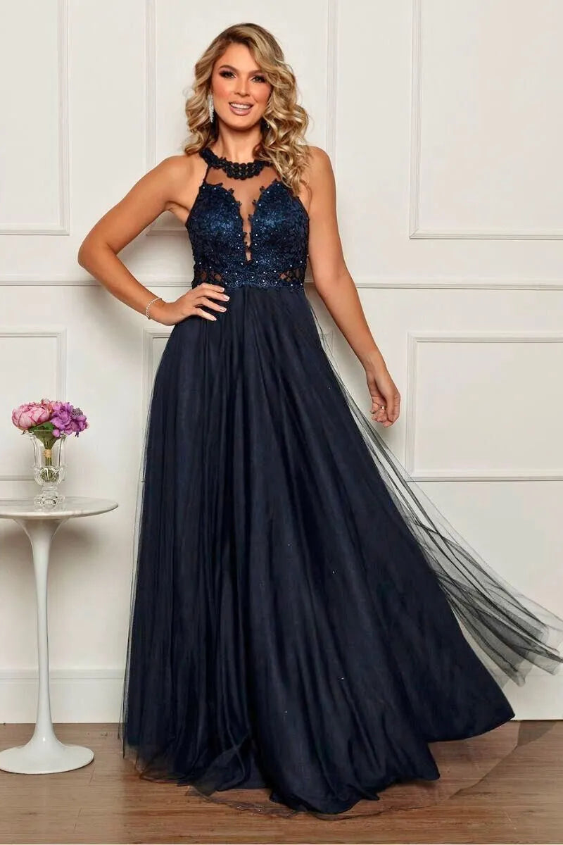 Vestido Longo Rodado Feminino Debutante Madrinha Longo Renda Tule - Cecilia