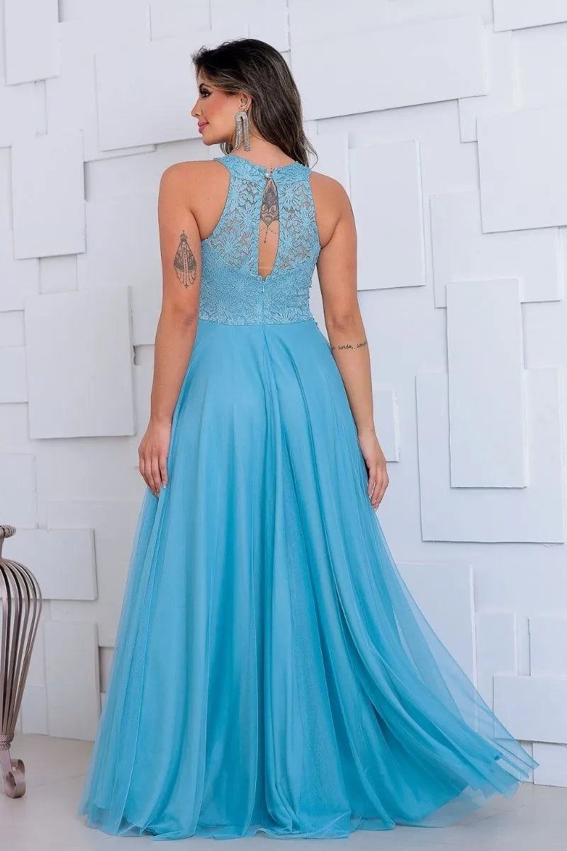 Vestido Longo Rodado Feminino Debutante Madrinha Longo Renda Tule - Cecilia