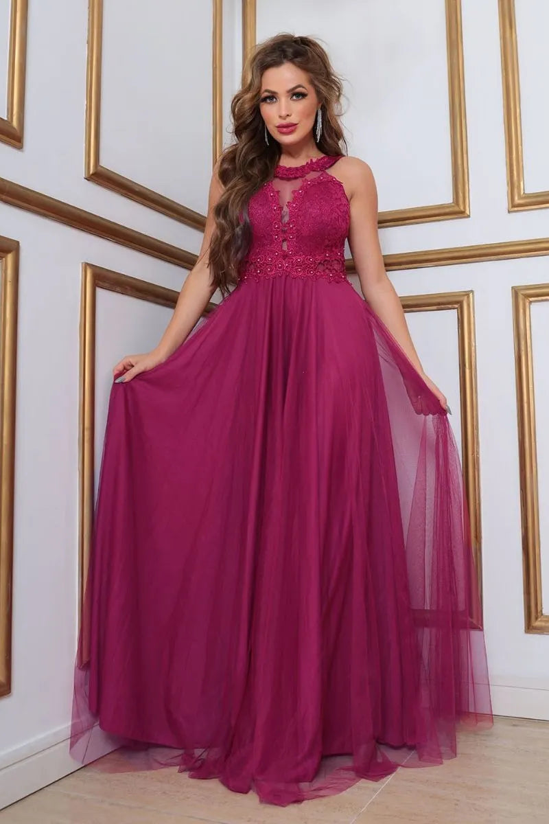 Vestido Longo Rodado Feminino Debutante Madrinha Longo Renda Tule - Cecilia