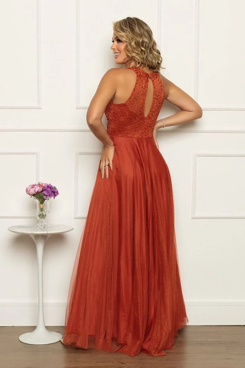 Vestido Longo Rodado Feminino Debutante Madrinha Longo Renda Tule - Cecilia
