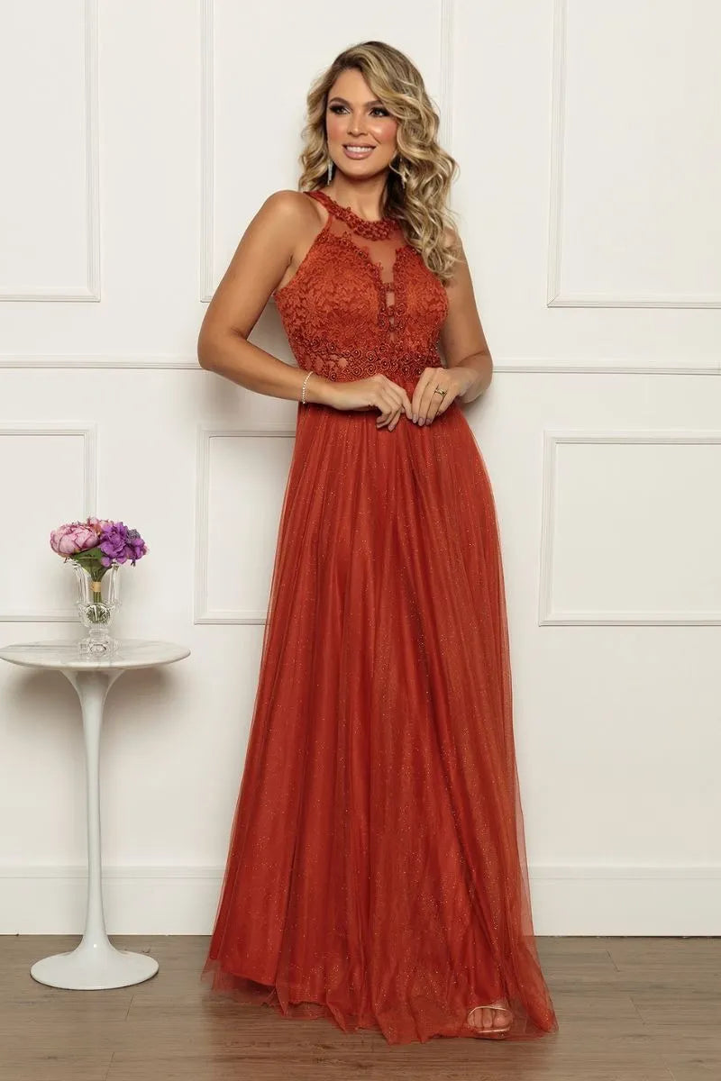 Vestido Longo Rodado Feminino Debutante Madrinha Longo Renda Tule - Cecilia