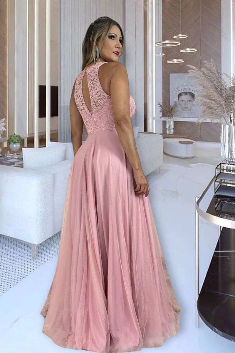 Vestido Longo Rodado Feminino Debutante Madrinha Longo Renda Tule - Cecilia