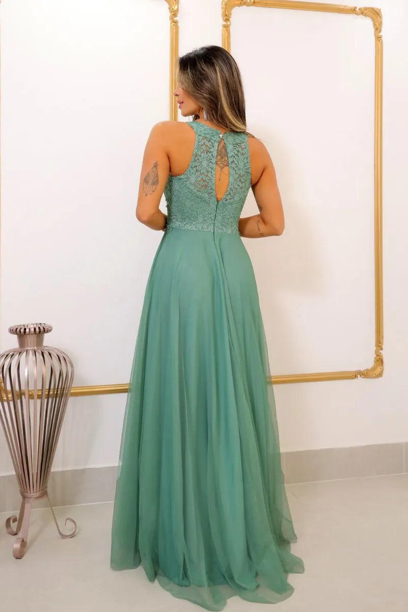 Vestido Longo Rodado Feminino Debutante Madrinha Longo Renda Tule - Cecilia