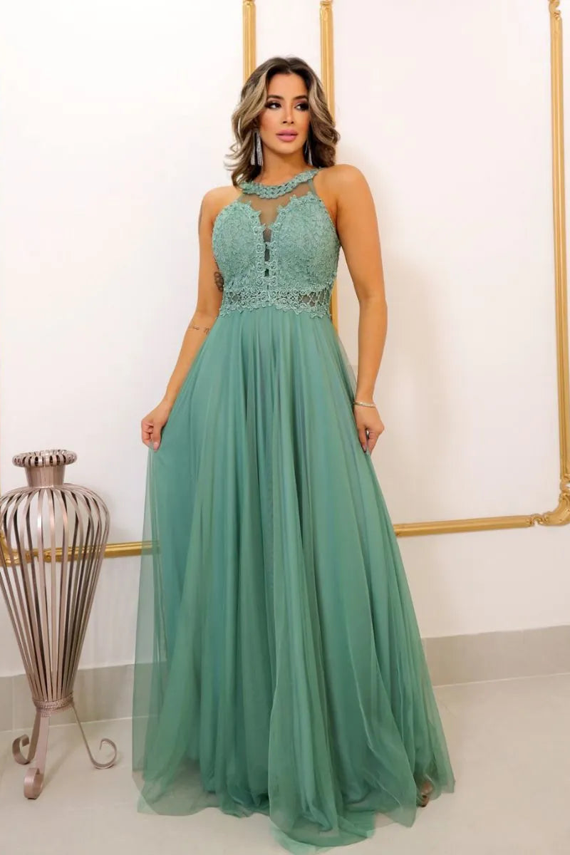 Vestido Longo Rodado Feminino Debutante Madrinha Longo Renda Tule - Cecilia