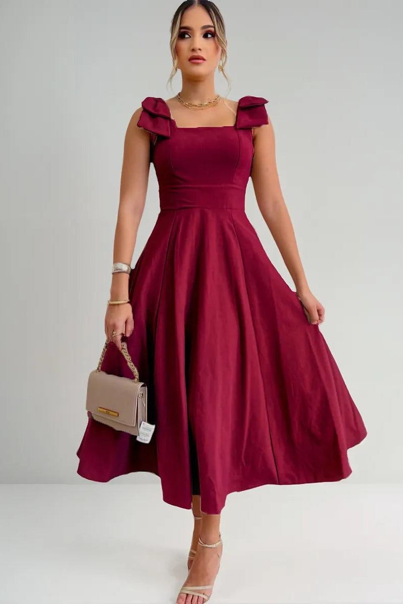 Vestido Midi De Linho Forrado Com Lacinho No Ombro Bojo - Aurora