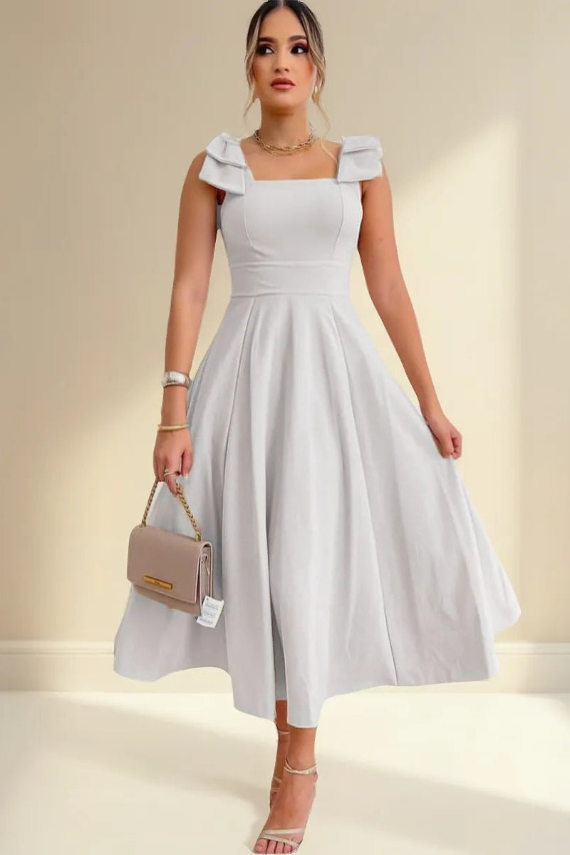 Vestido Midi De Linho Forrado Com Lacinho No Ombro Bojo - Aurora