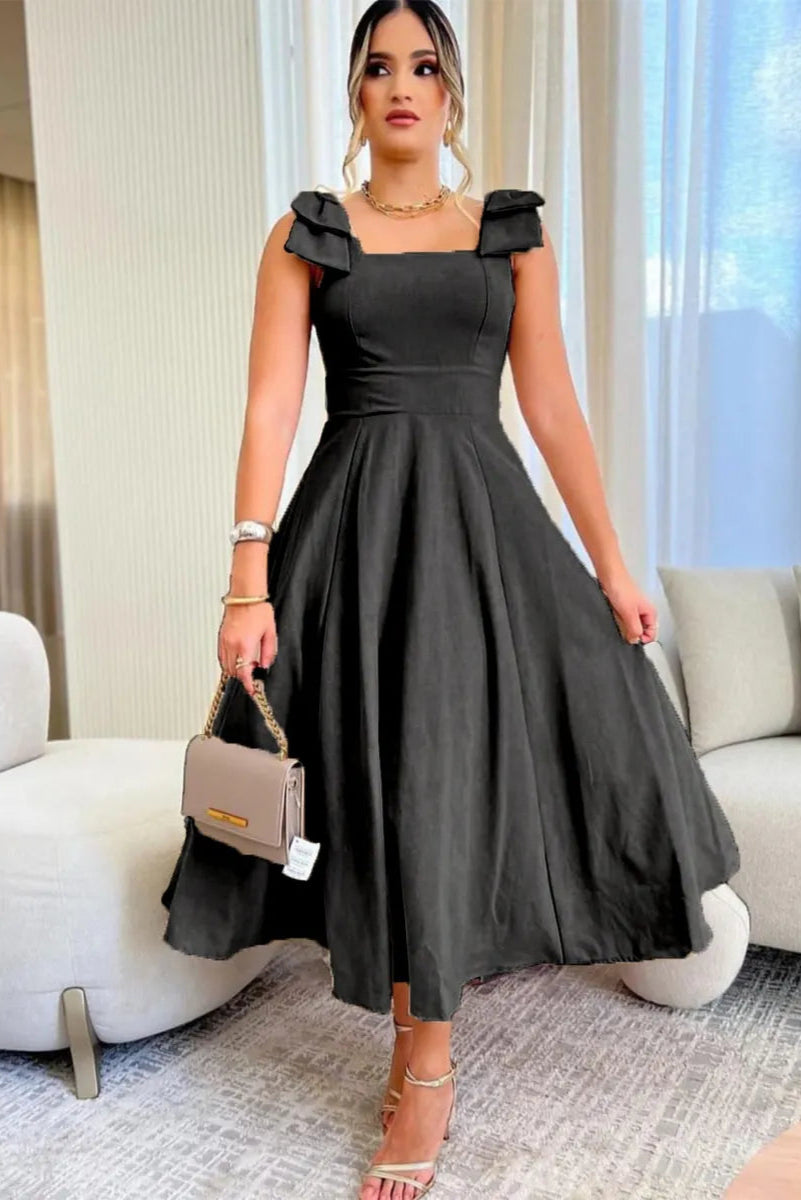 Vestido Midi De Linho Forrado Com Lacinho No Ombro Bojo - Aurora