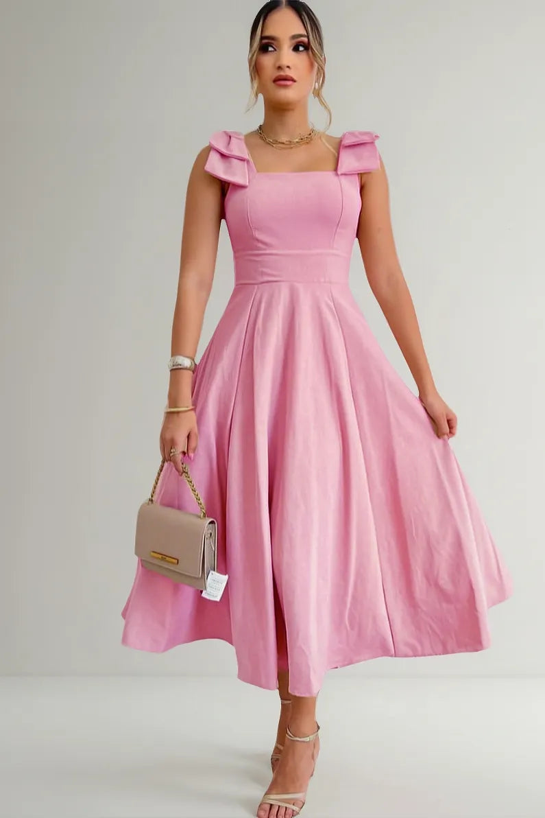 Vestido Midi De Linho Forrado Com Lacinho No Ombro Bojo - Aurora
