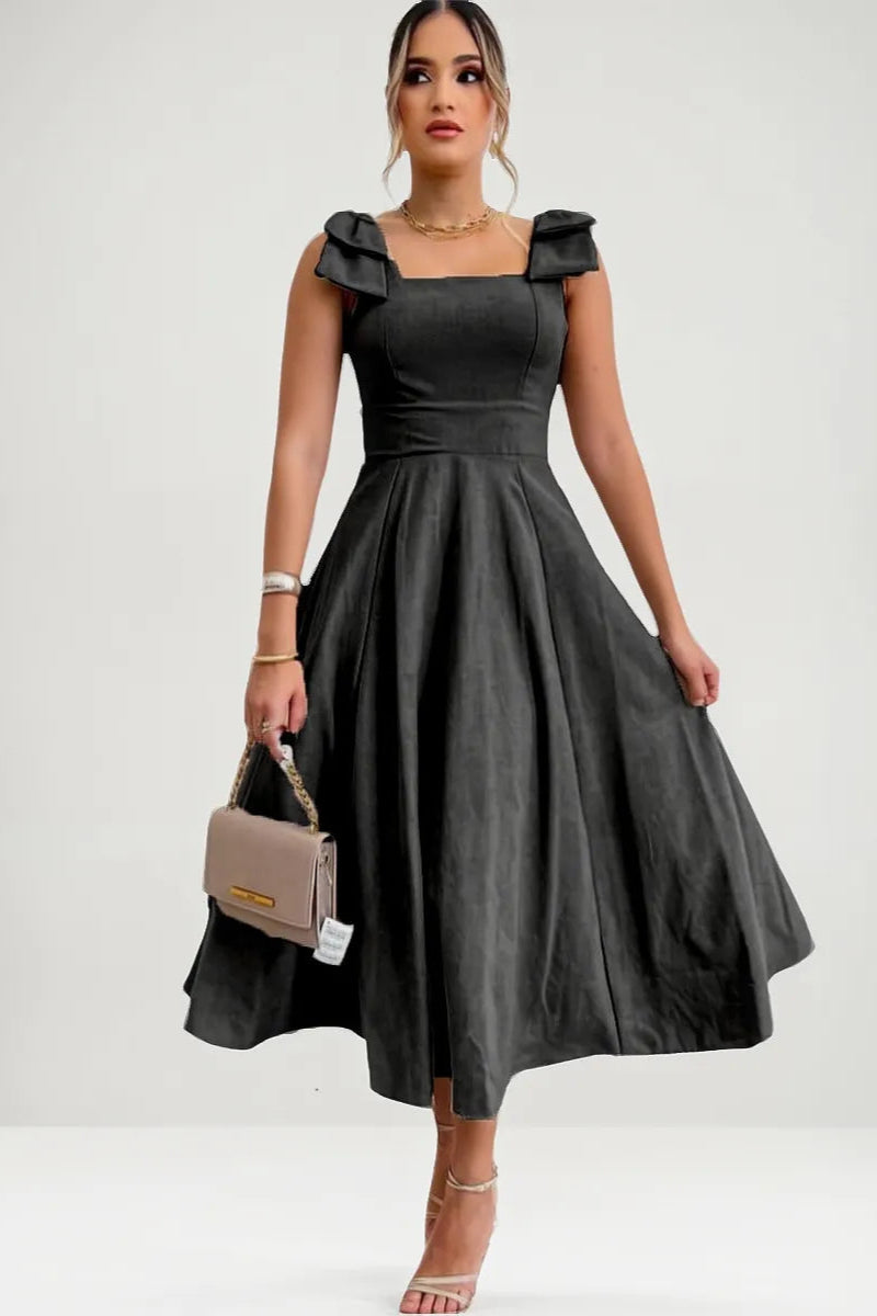 Vestido Midi De Linho Forrado Com Lacinho No Ombro Bojo - Aurora