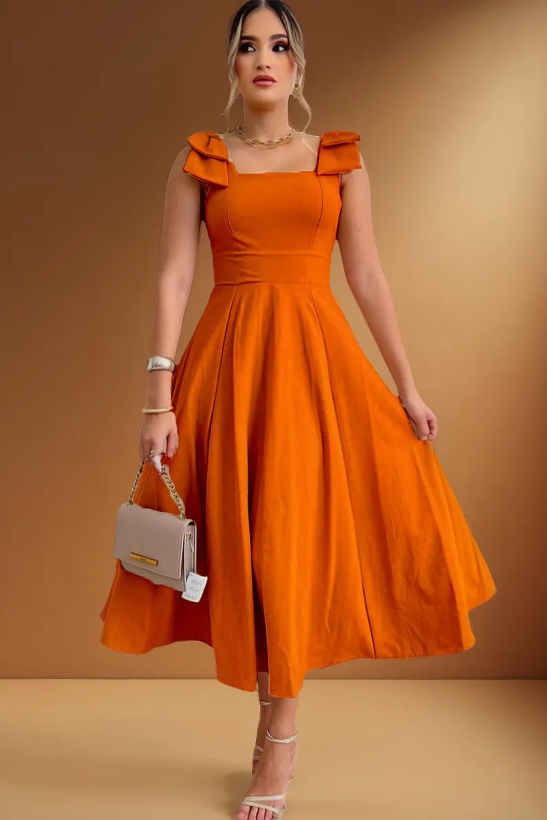 Vestido Midi De Linho Forrado Com Lacinho No Ombro Bojo - Aurora