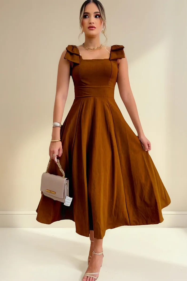 Vestido Midi De Linho Forrado Com Lacinho No Ombro Bojo - Aurora