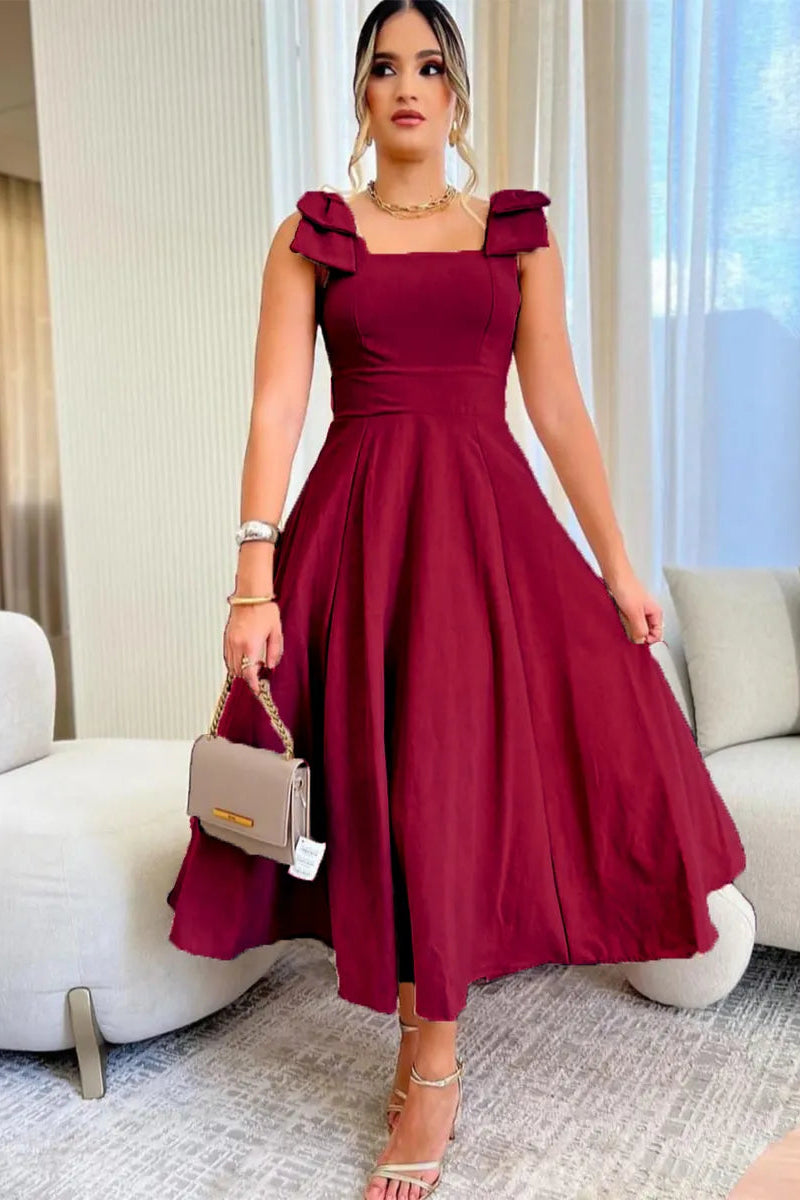 Vestido Midi De Linho Forrado Com Lacinho No Ombro Bojo - Aurora