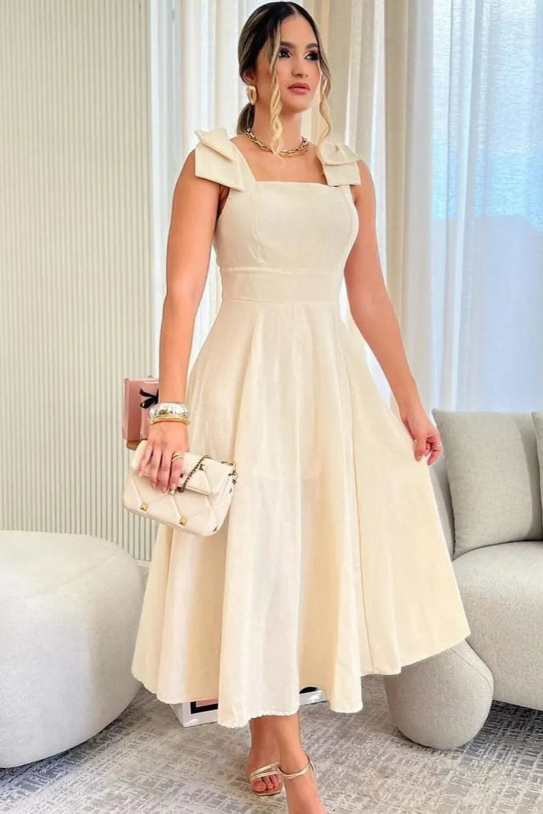 Vestido Midi De Linho Forrado Com Lacinho No Ombro Bojo - Aurora