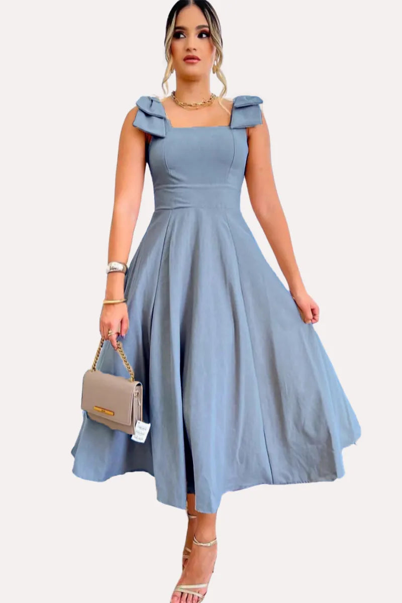 Vestido Midi De Linho Forrado Com Lacinho No Ombro Bojo - Aurora