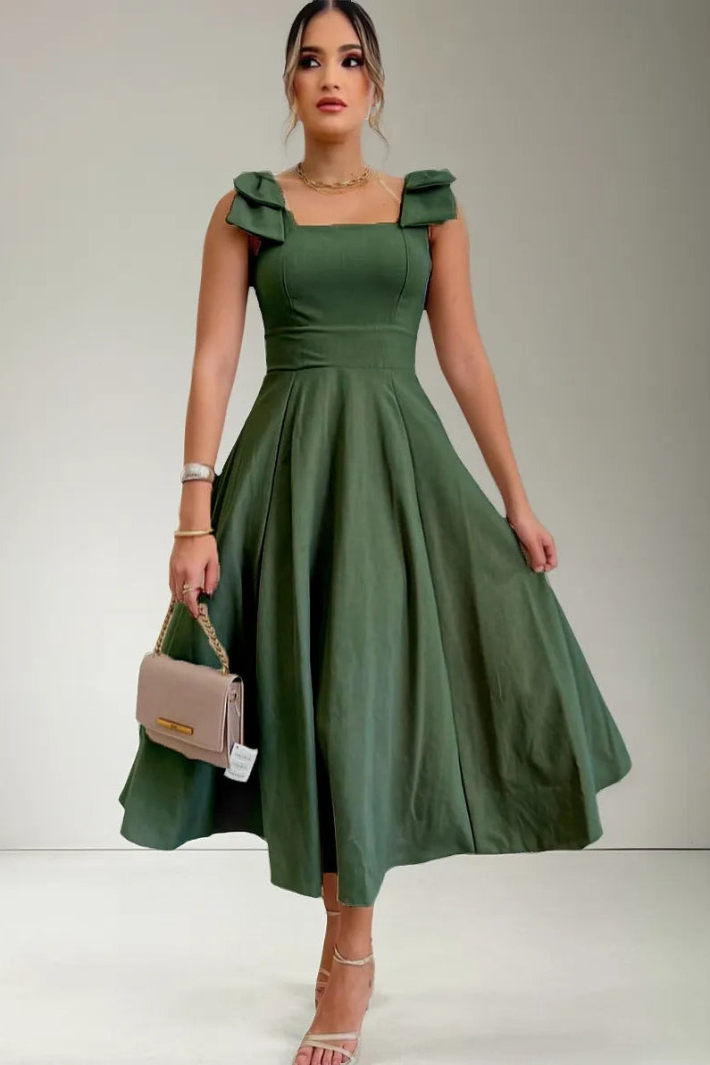 Vestido Midi De Linho Forrado Com Lacinho No Ombro Bojo - Aurora