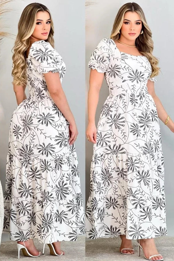Vestido Longo Estampado Manga Bufante - Rosalie