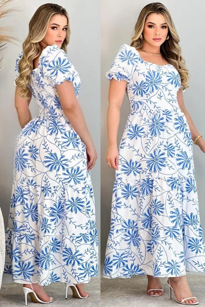 Vestido Longo Estampado Manga Bufante - Rosalie