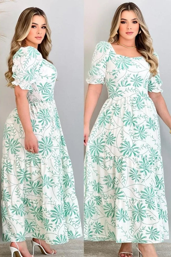 Vestido Longo Estampado Manga Bufante - Rosalie