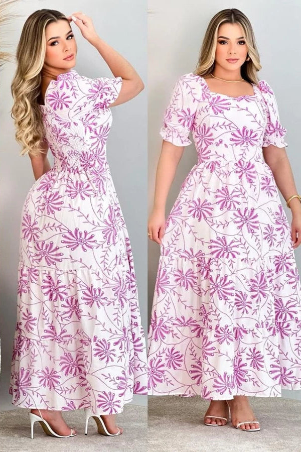 Vestido Longo Estampado Manga Bufante - Rosalie
