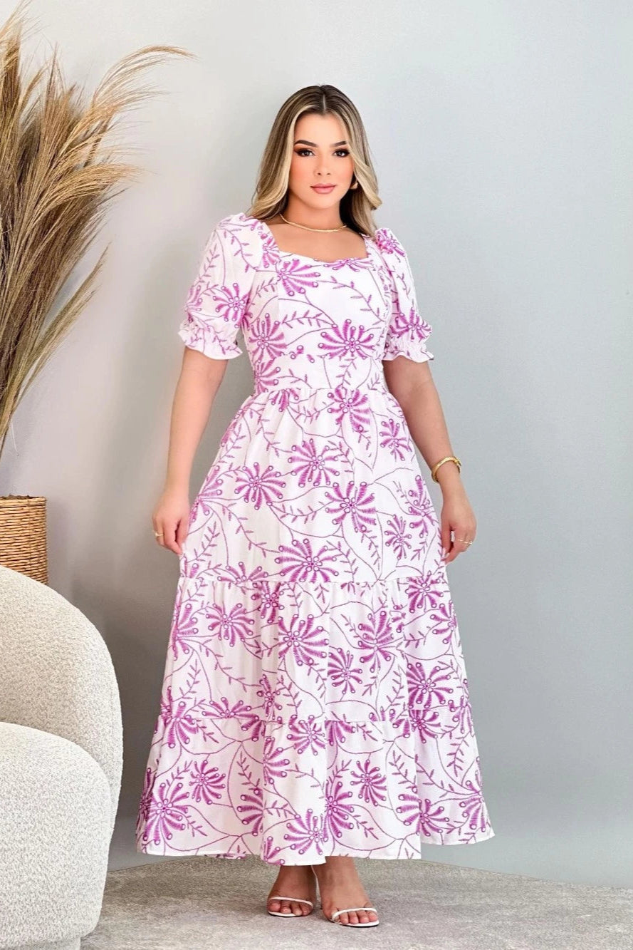 Vestido Longo Estampado Manga Bufante - Rosalie