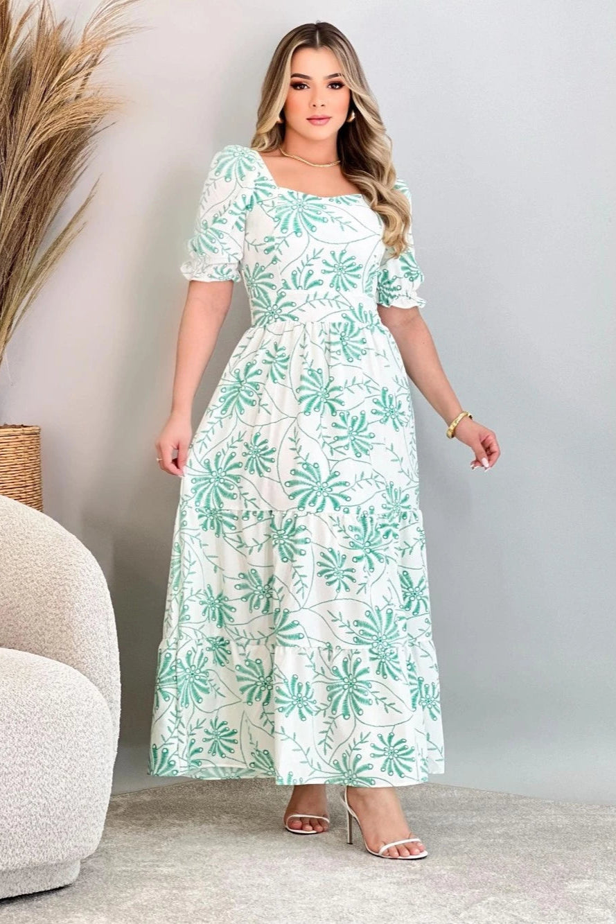 Vestido Longo Estampado Manga Bufante - Rosalie