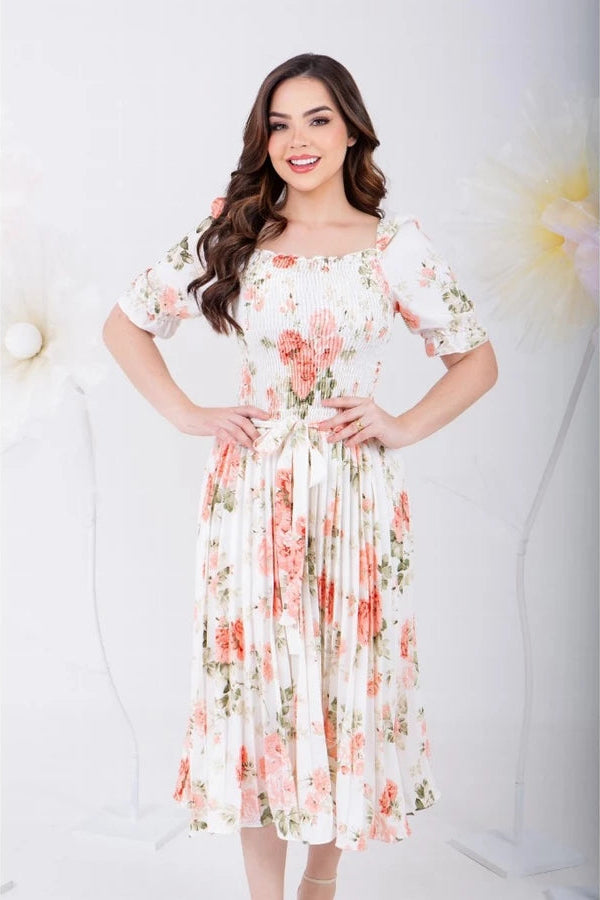 Vestido Midi Plissado Manga Curta Bufante Estampado - Sabine