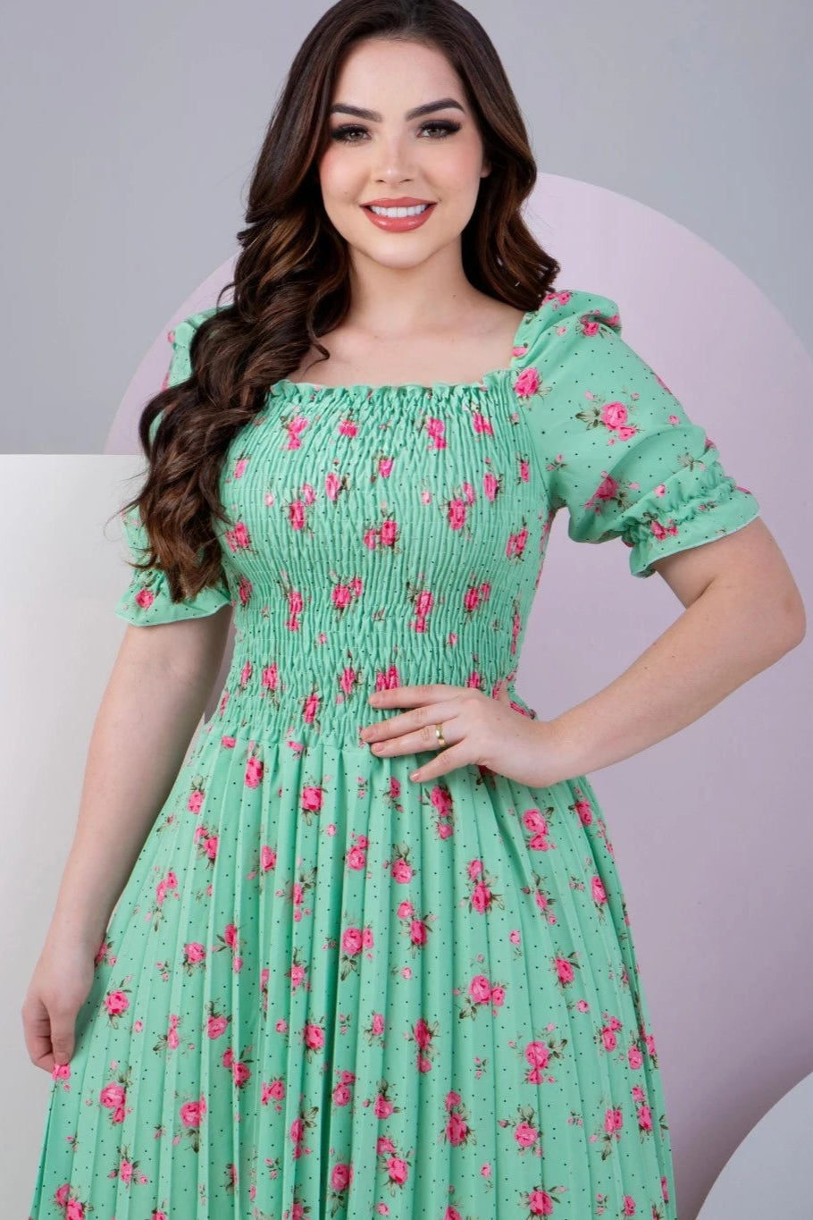 Vestido Midi Plissado Manga Curta Bufante Estampado - Sabine