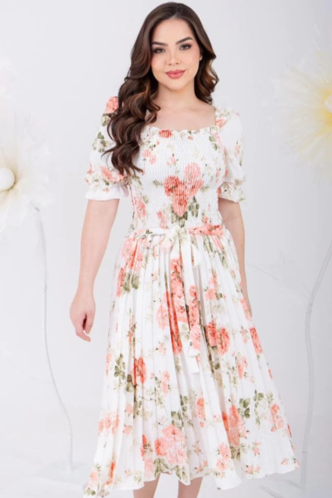 Vestido Midi Plissado Manga Curta Bufante Estampado - Sabine