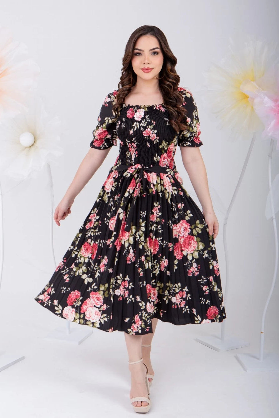 Vestido Midi Plissado Manga Curta Bufante Estampado - Sabine
