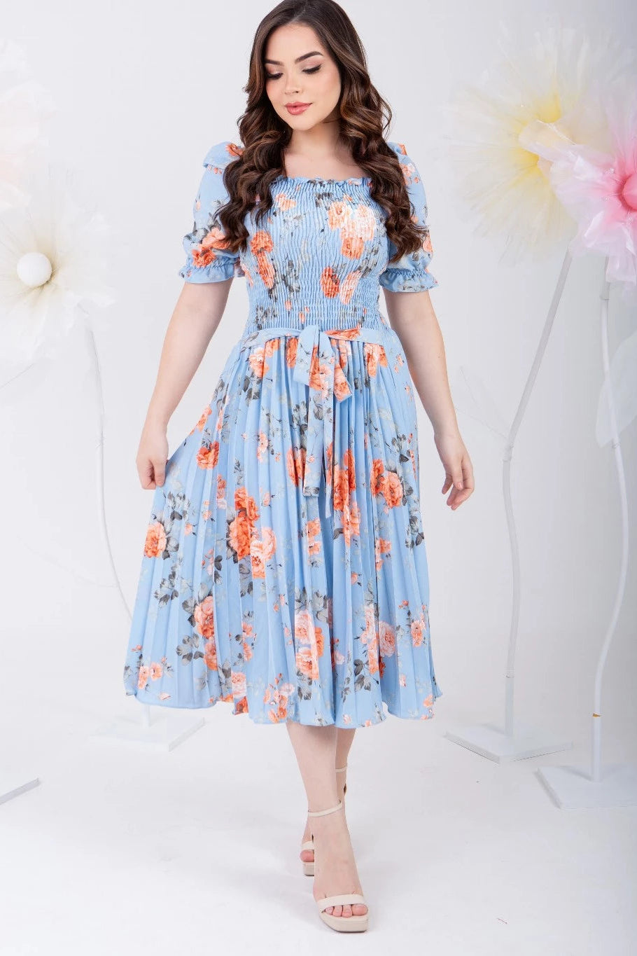 Vestido Midi Plissado Manga Curta Bufante Estampado - Sabine