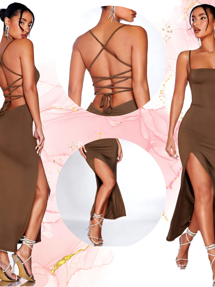 Vestido Longo elegante com costas trançadas Fenda Lateral Empina Bumbum Colado - Adriana