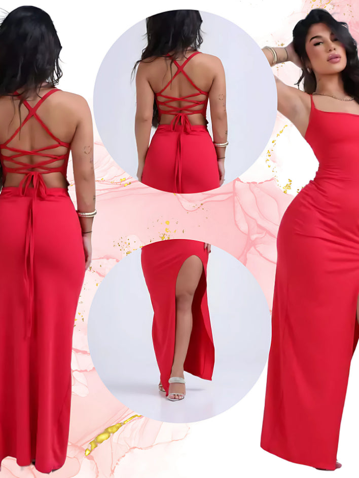 Vestido Longo elegante com costas trançadas Fenda Lateral Empina Bumbum Colado - Adriana