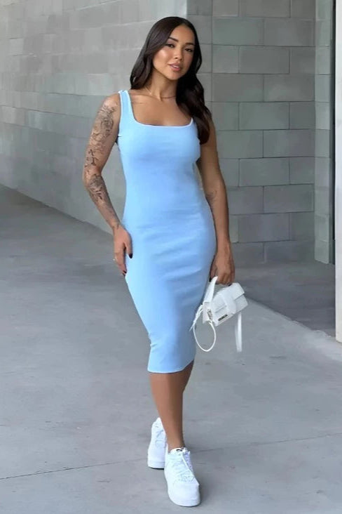Vestido Midi Tubinho Canelado Colado Modelador Com Alça Confortável - Fabiane