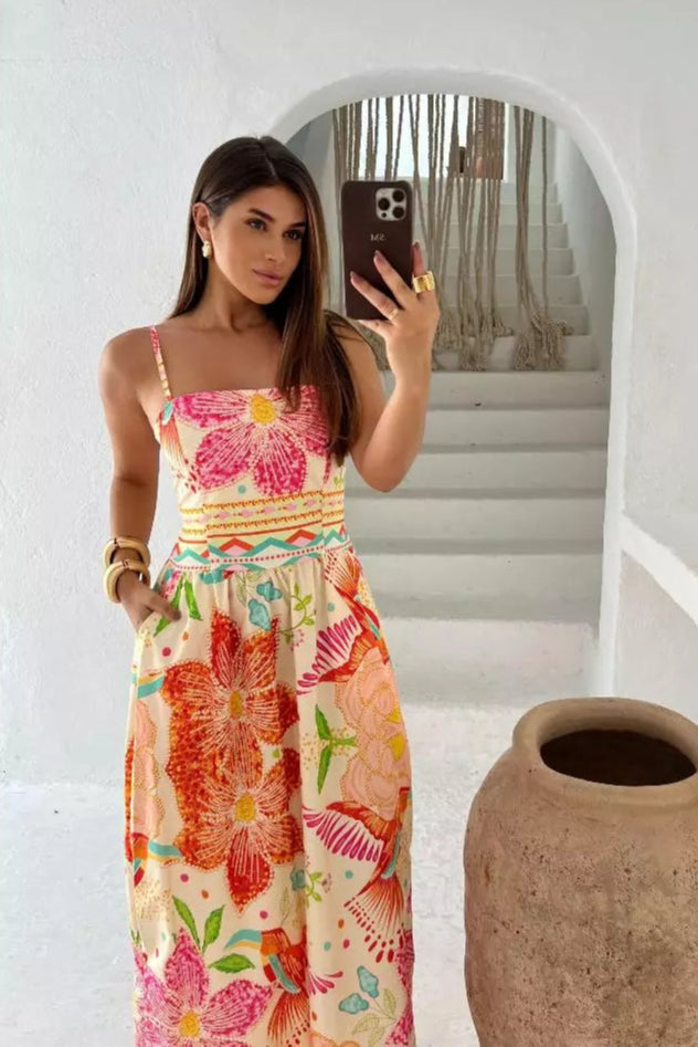 Vestido Longo Estampado com elastex bolso regulador na alça - Emy
