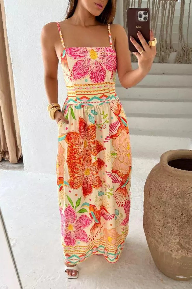 Vestido Longo Estampado com elastex bolso regulador na alça - Emy