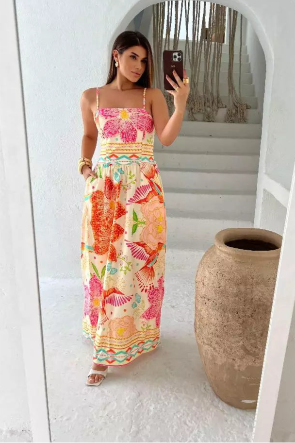 Vestido Longo Estampado com elastex bolso regulador na alça - Emy