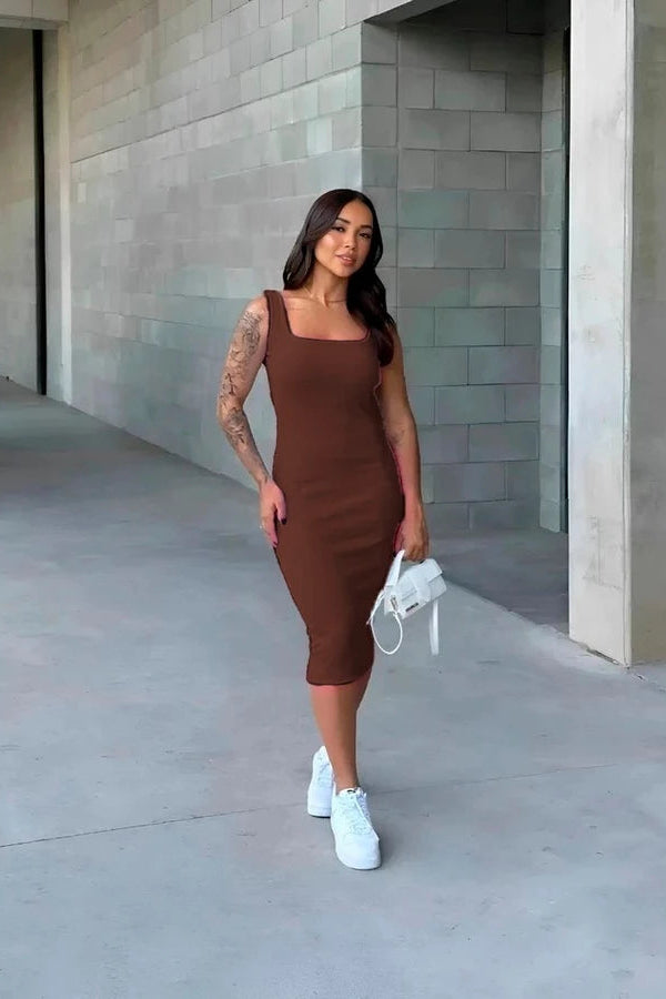 Vestido Midi Tubinho Canelado Colado Modelador Com Alça Confortável - Fabiane