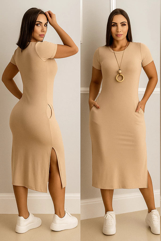 Vestido Midi casual moda feminina fenda lateral - Alanis