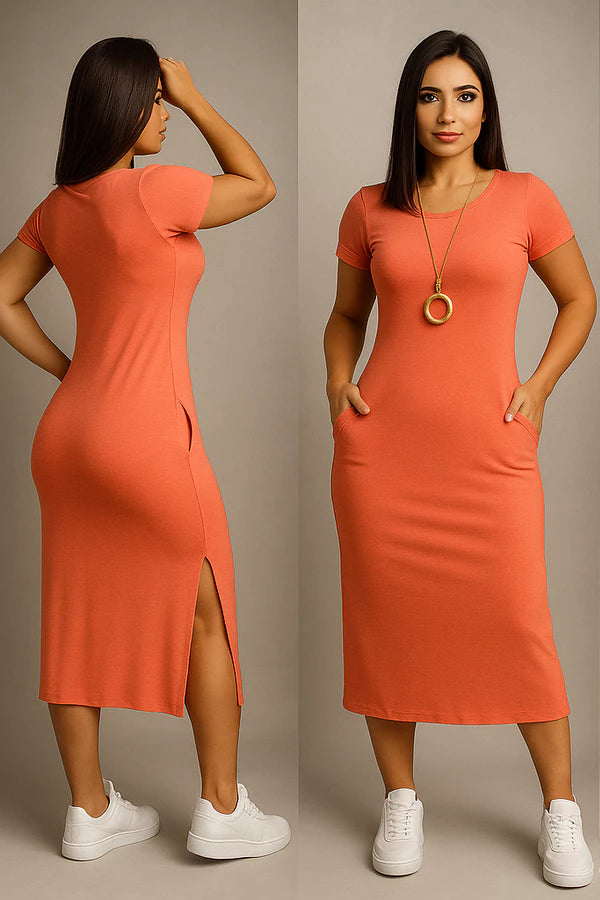 Vestido Midi casual moda feminina fenda lateral - Alanis