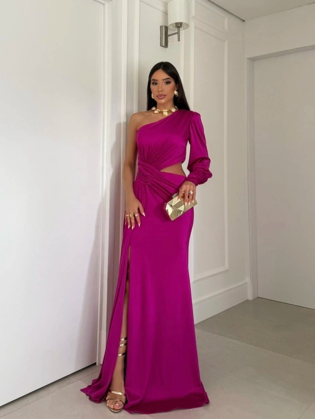 Vestido Longo Ombro Único Com Fenda - Sílvia