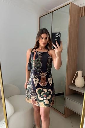 Vestido Curto com Alça Tendência Estampado - Lysiane