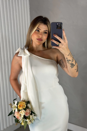 Vestido Mídi de Noivado Ombro Único Com Laço - Elis