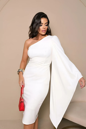 Vestido Mídi de Noivado Ombro Único Manga Longa - Clarisse
