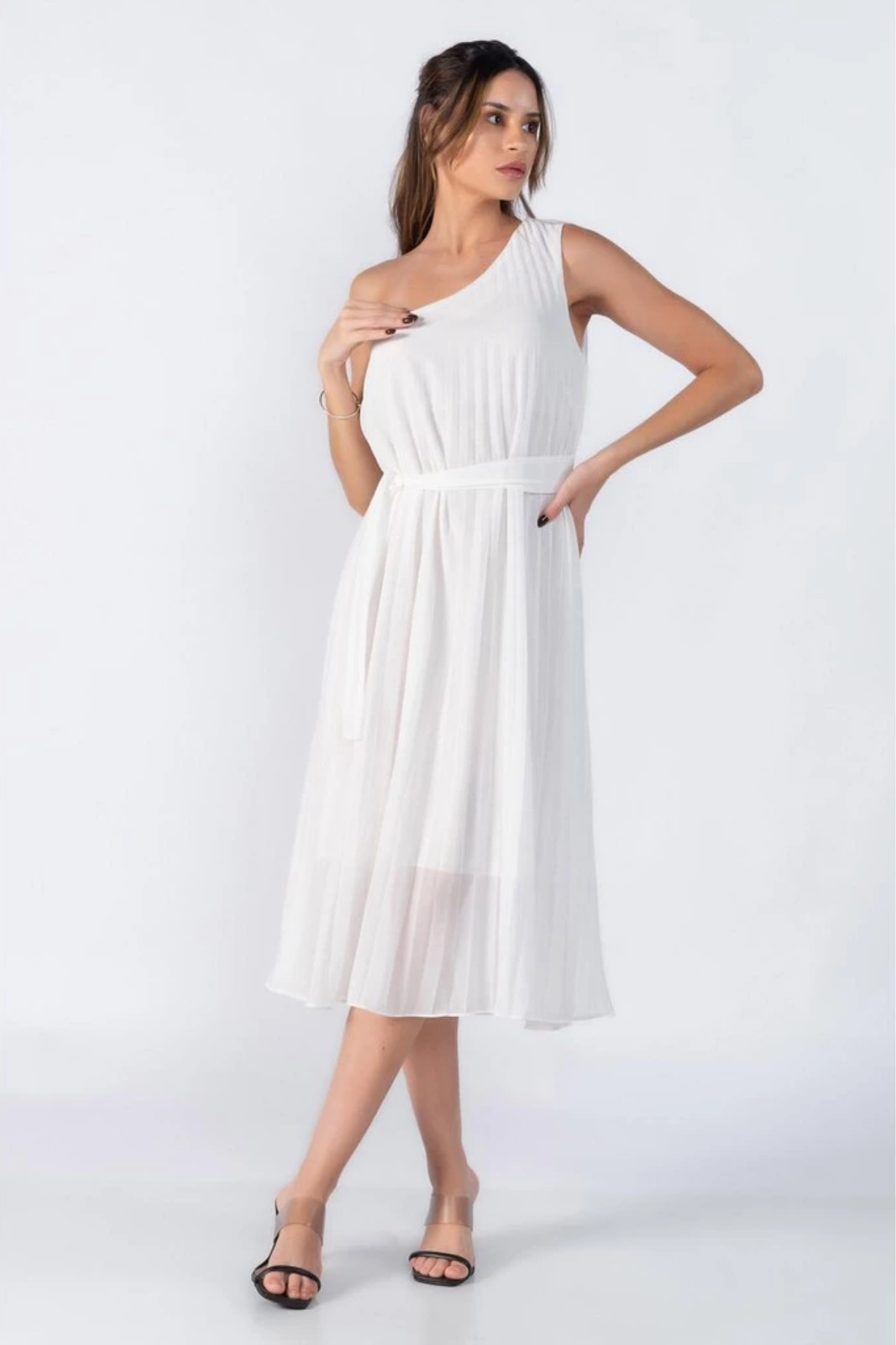 Vestido Mídi de Noivado Plissado Ombro Único - Amélia