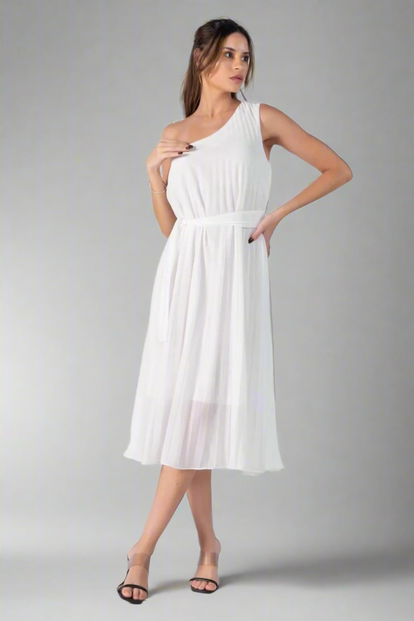 Vestido Mídi de Noivado Plissado Ombro Único - Amélia