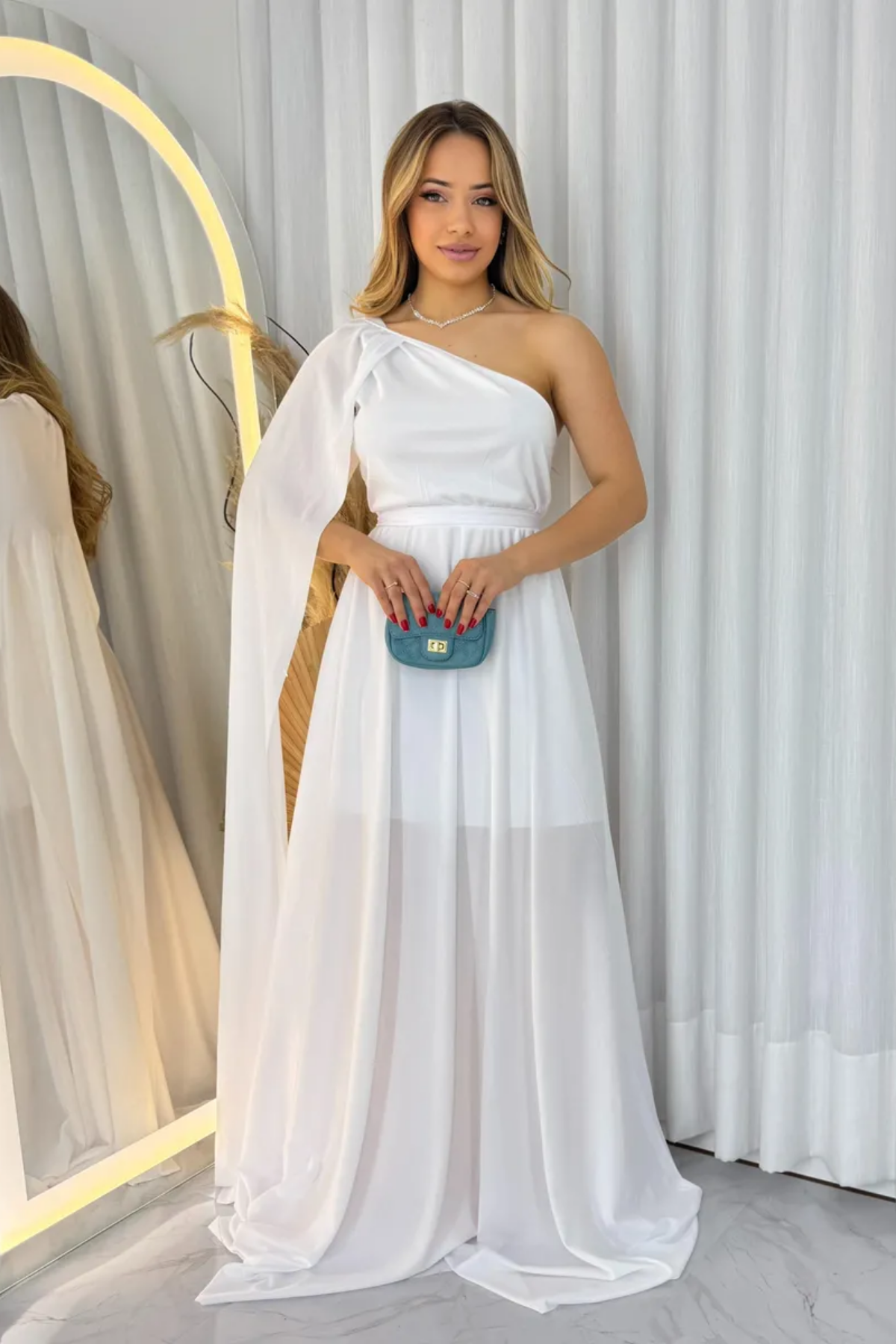 Vestido Longo Noivado Com Capa Ombro Único - Mari